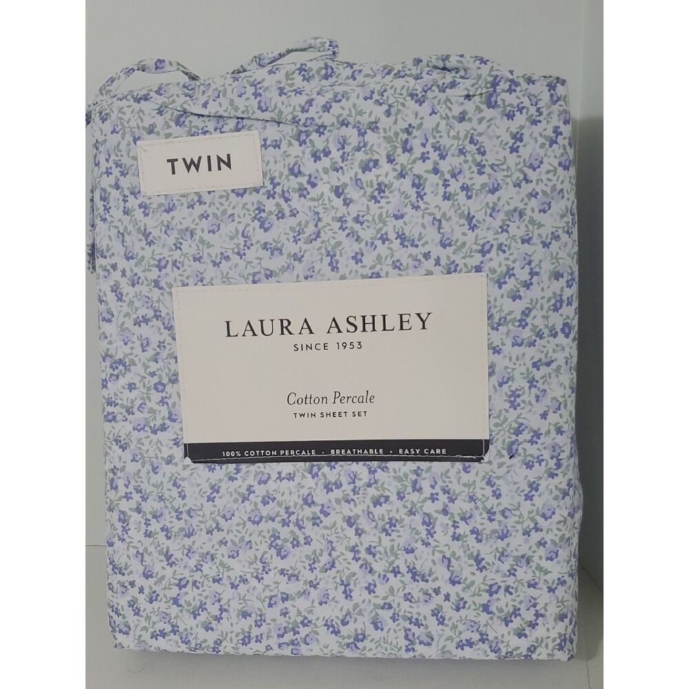 Laura Ashley Twin 100% Cotton Percale Purple Ditsy Floral Sheet Set NIP